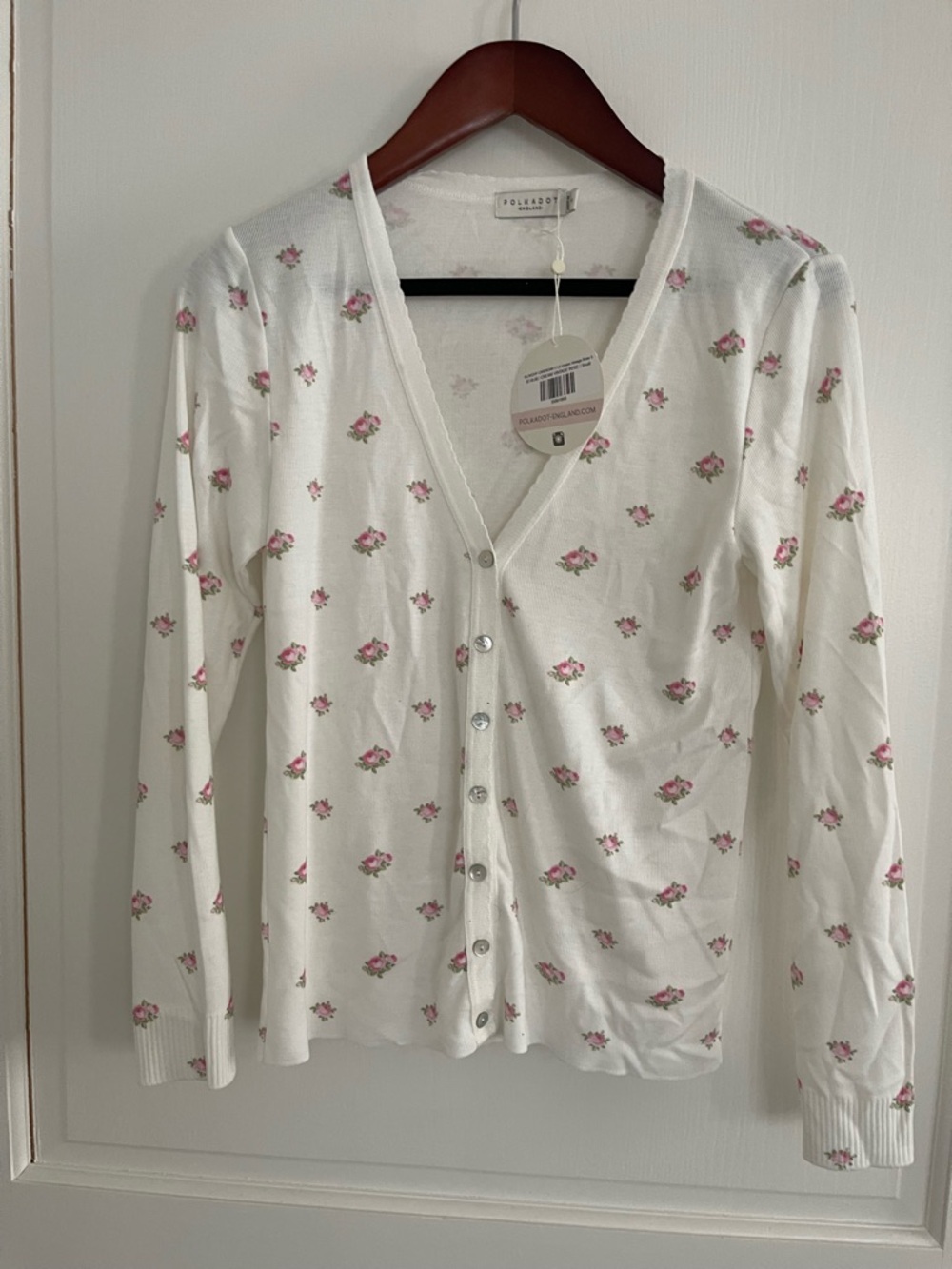 Polkadot London White Floral Button-Up Cardigan - Pink Rose Print small nwt